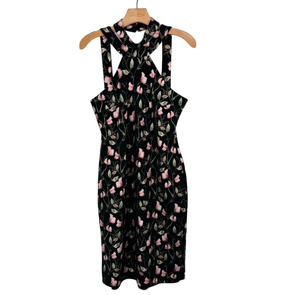 Bebe Floral Print Halter Black & Pink metallic floral Midi Dress size 12 womens - Picture 10 of 10